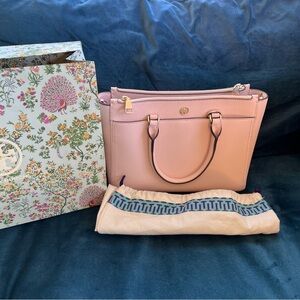 TORY BURCH ROBINSON SMALL DOUBLE ZIP CROSSBODY TOTE PINK